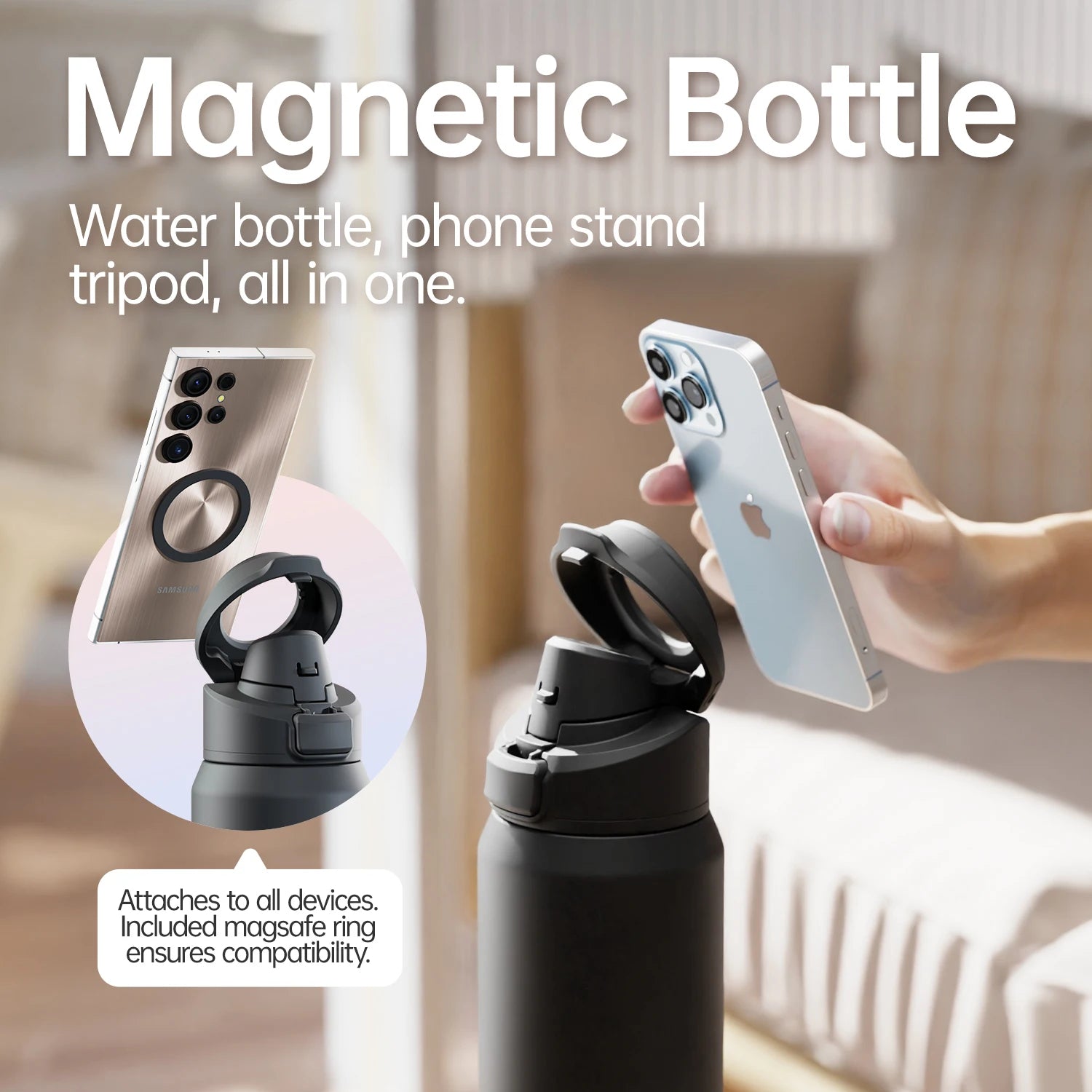 Thermos Stainless Steel Water Bottle with Magnetic Phone Holder + Free Shipping